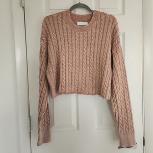 Aerie Pink Crew Neck Cropped Sweater with Cable Knit